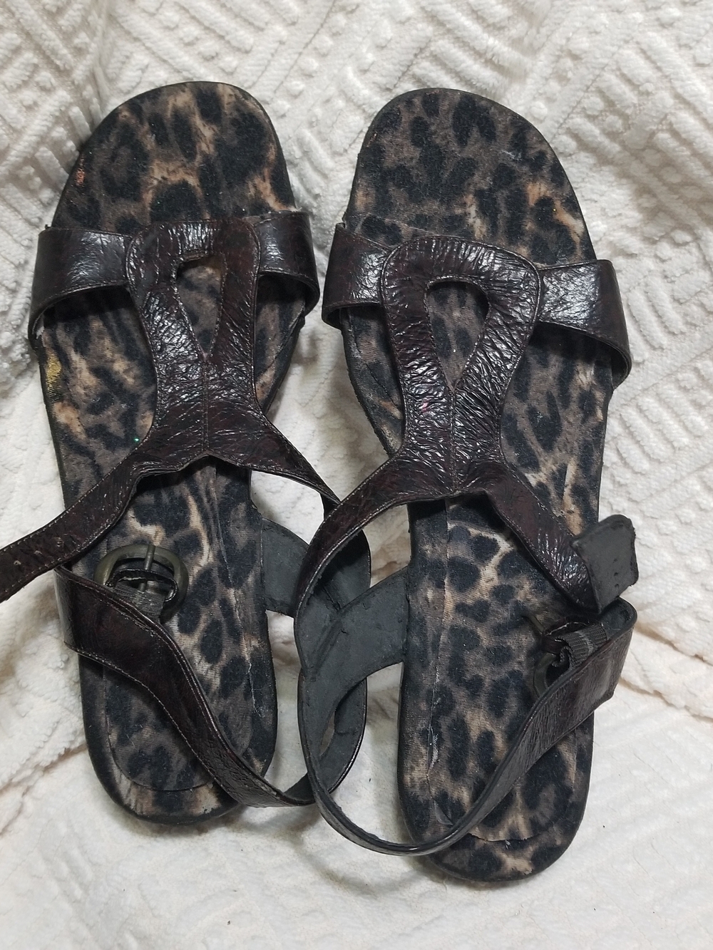 Andrea Women’s 9 Brown Leather T-Strap Wedge Sandals with Leopard-Print Insole